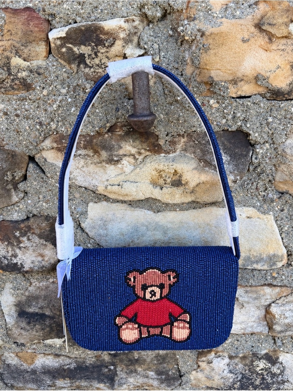 NWT Navy Beaded Purse with Teddy Bear Design VIRAL